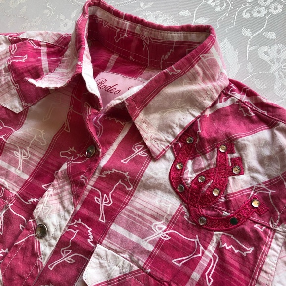 Rodeo Girl By Lin Western Style Pink/White Plaid Shirt Girls Size M Embroidered - Picture 11 of 16